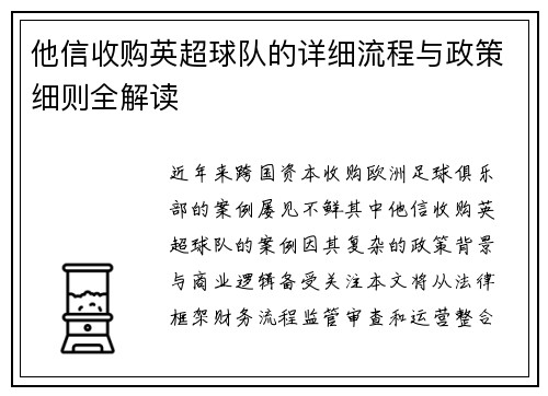 他信收购英超球队的详细流程与政策细则全解读
